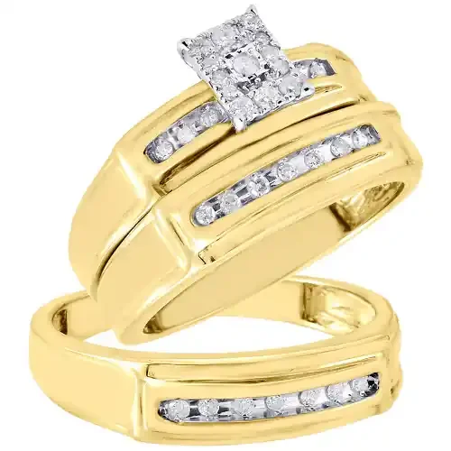 Diamond Trio Set 10K Yellow Gold Ladies Engagement Ring Mens Wedding Band 1/4 CT.
