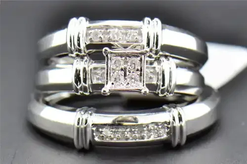 Diamond Trio Set Engagement Ring Wedding Band 10K White Gold Round Cut 0.17 Ct