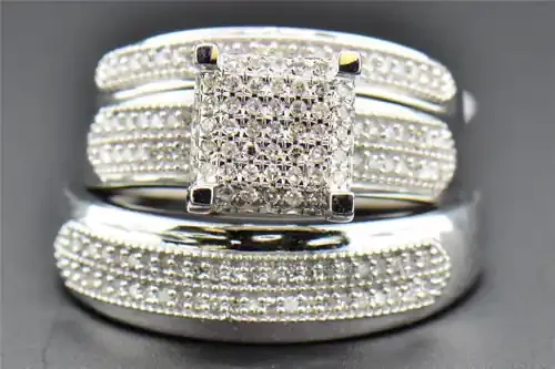 Diamond Trio Set Engagement Ring Wedding Band 10K White Gold Round Cut 1/2 Ct