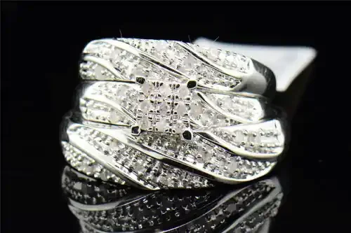 Diamond Trio Set His Hers Matching Engagement Ring Wedding Band 10K White Gold.