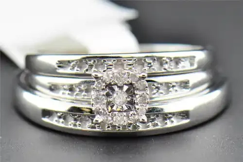 Diamond Trio Set Round Cut His & Her Matching Wedding 10K White Gold 0.08 Ct