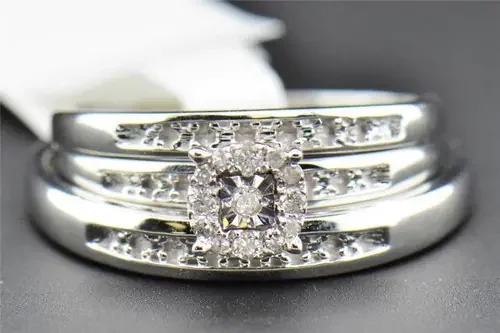 Diamond Trio Set Round Cut His & Her Matching Wedding 925 Sterling Silver .08 Ct