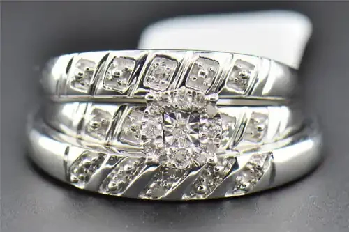 Diamond Trio Set Round Cut His & Her Matching Wedding 925 Sterling Silver .10 Ct