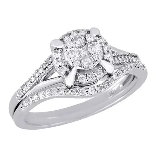 Diamond Wedding Bridal Set 10K White Gold Halo Flower Engagement Ring 0.40 Ct.