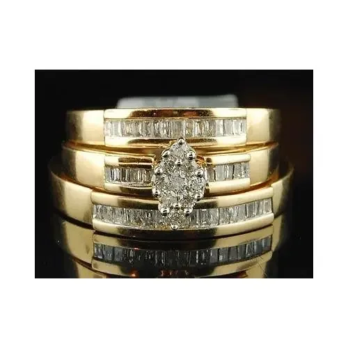 Diamond Wedding Trio Set 14K Yellow Gold 3 Piece Engagement Ring 1/2 Tcw.