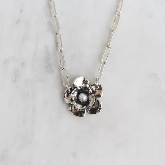 Double Dogwood Necklace with Pearl on Oval Link Chain Necklace