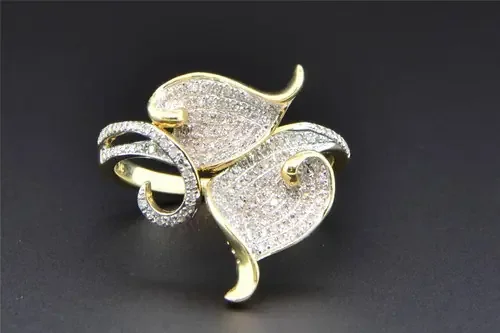 Double Leaf Diamond Cocktail Ring 10K Yellow Gold Round Cut Designer 0.40 Ct
