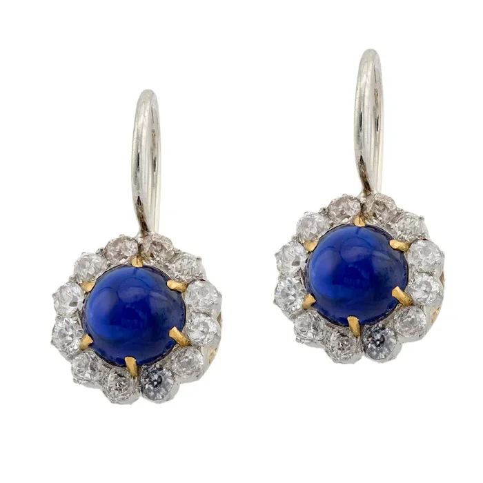 Edwardian 2.80 carat cabochon cut sapphire diamond platinum cluster earrings