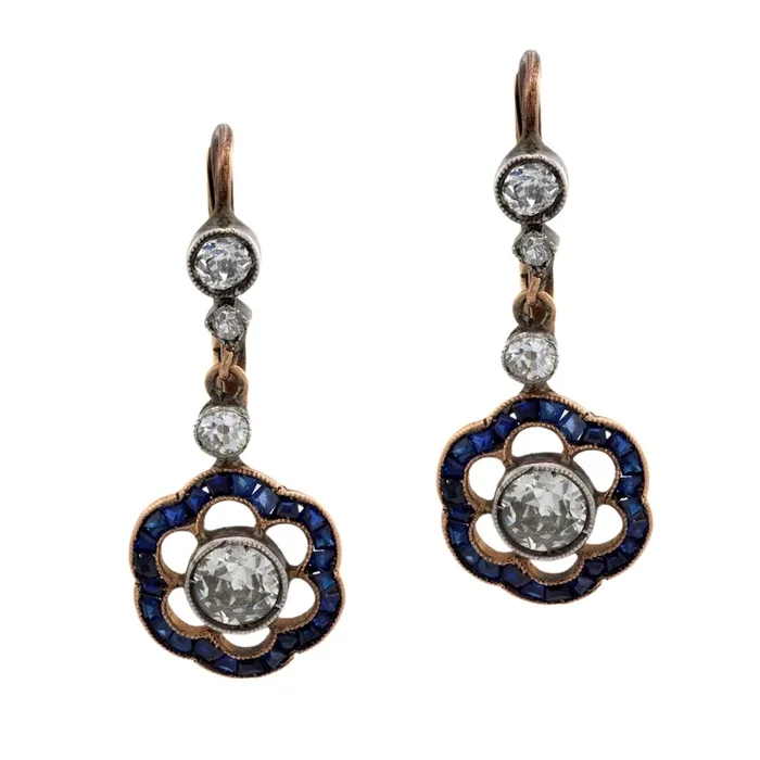 Edwardian diamond sapphire silver and 14k rose gold flower drop earrings