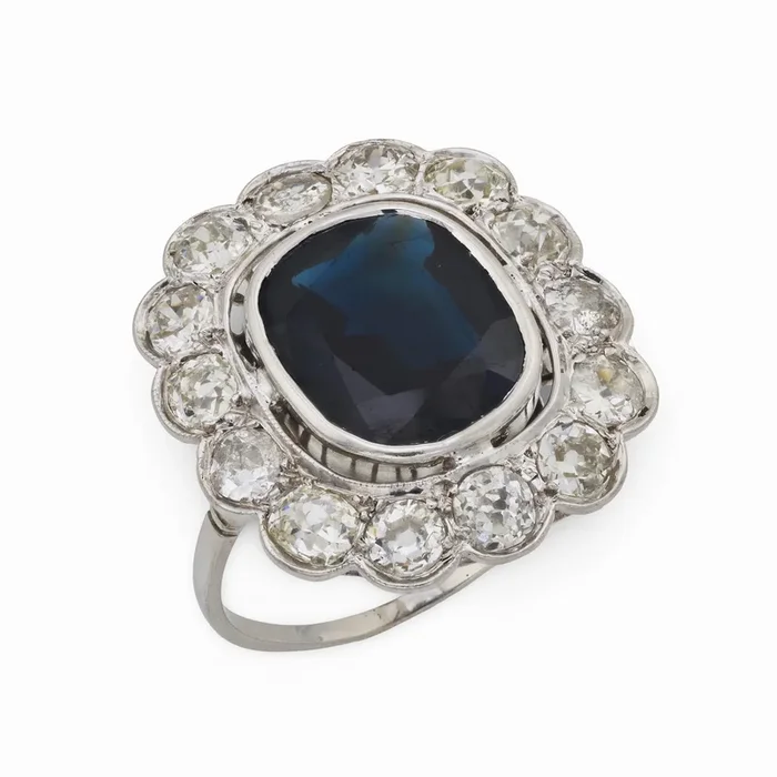 Edwardian GIA 5.25 carat no heat sapphire diamond 18k white gold cluster ring