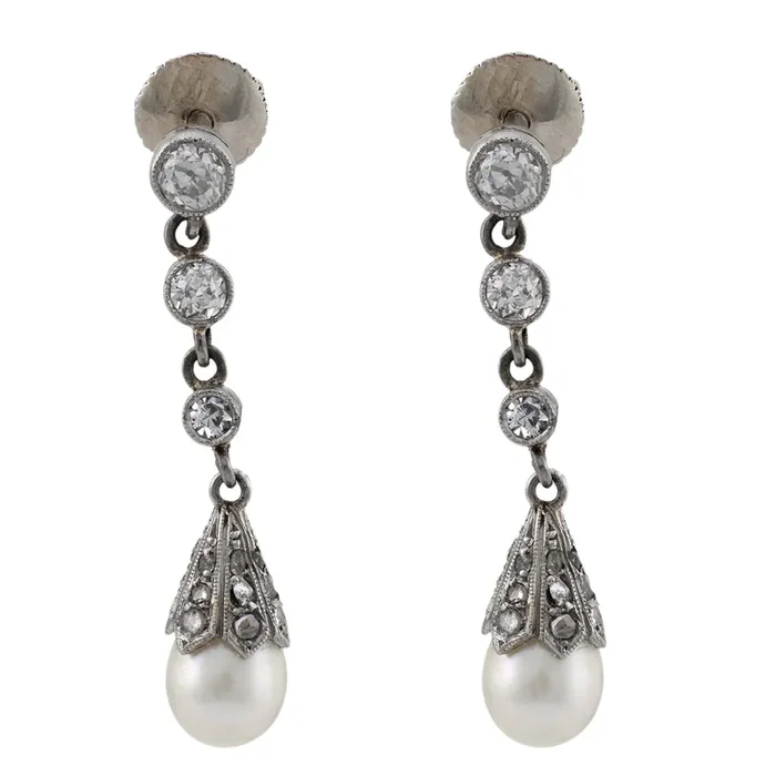 Edwardian pearl diamond platinum drop earrings