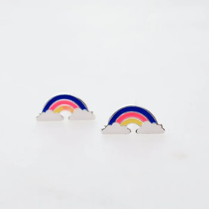 Enamel Rainbow in Clouds Post Earrings – Blue, Hot Pink, & Yellow