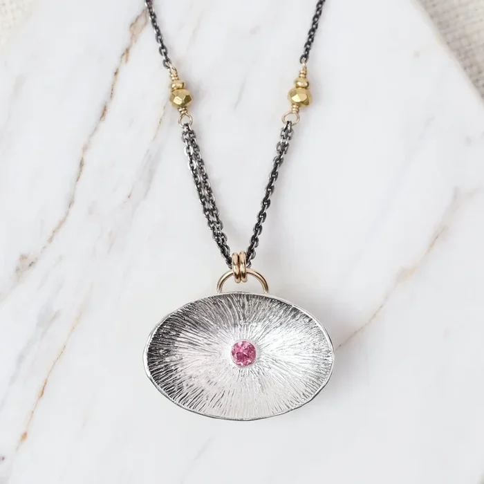 Etched Oval Pod with Pink Tourmaline Necklace