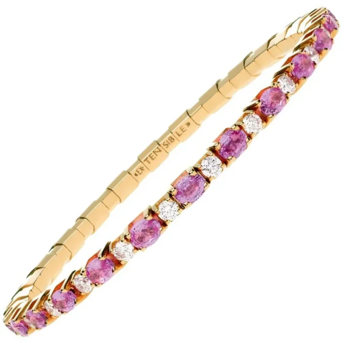 Extensible – 7.55 Carat Oval Cut Pink Sapphire & Diamond Stretch Tennis Bracelet – 18K Yellow Gold