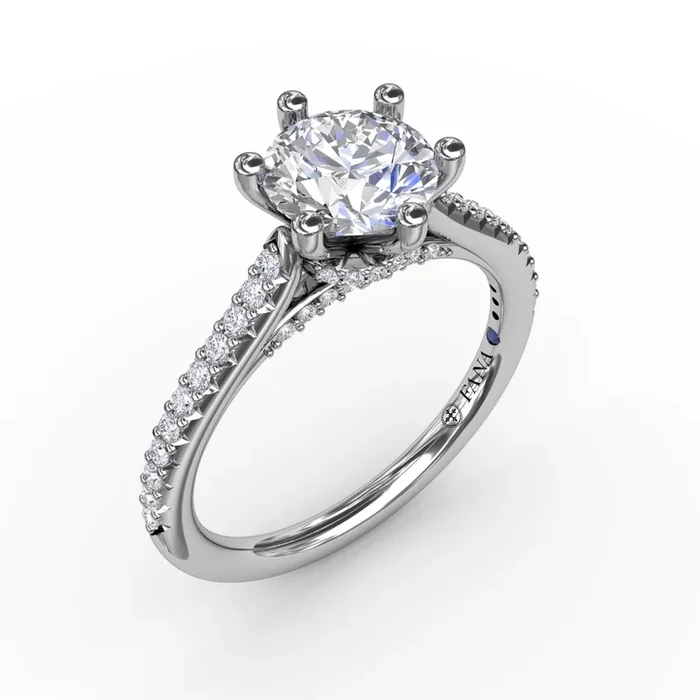 Fana – 6 Prong Round Diamond Engagement Ring with 1/2 Diamond Band – S4022 – Available in 14K & 18K Gold (White, Yellow or Rose) and Platinum