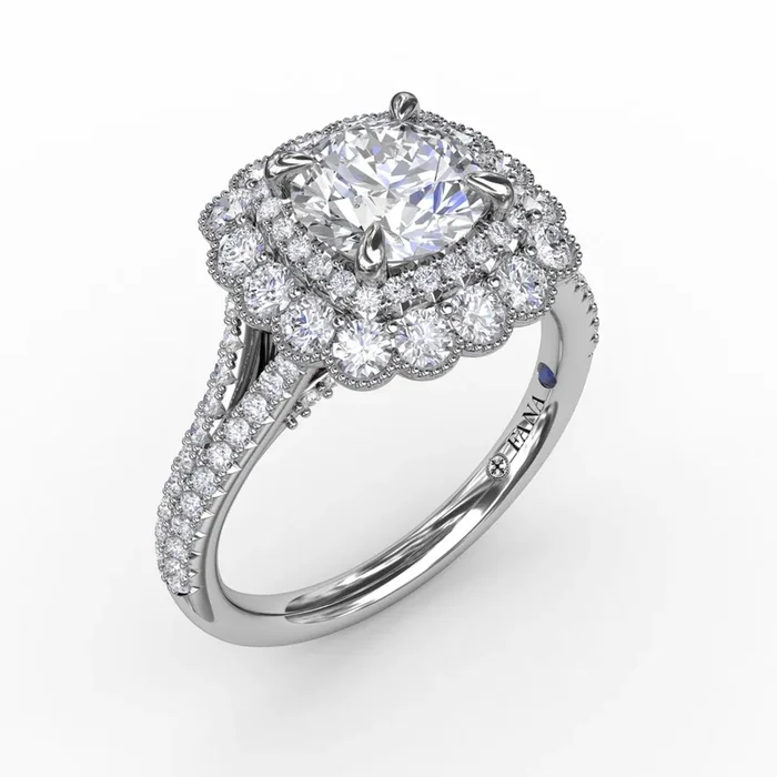 Fana – Vintage Cushion-Shaped Double Halo Engagement Ring With Split Shank – S3202 – Available in Platinum