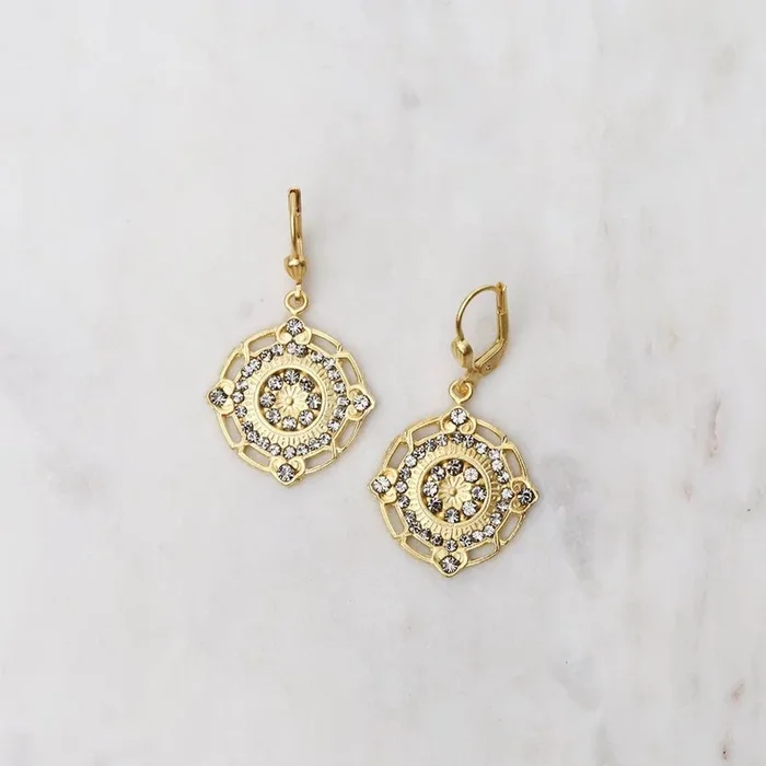 Filagree Round with Black Diamond Crystal Earrings