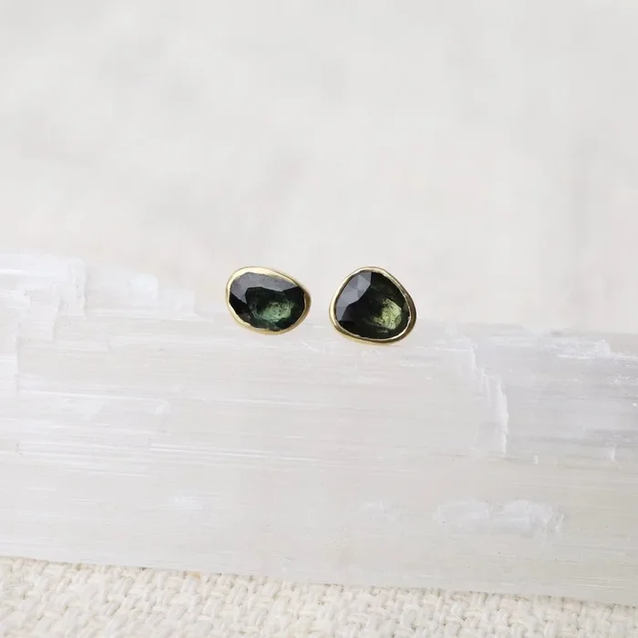 Freeform Dark Green/Blue Sapphire Post Earrings