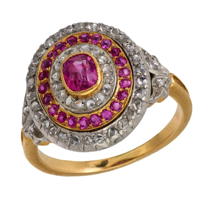 French Belle Epoque ruby diamond 18k yellow gold and platinum cluster ring