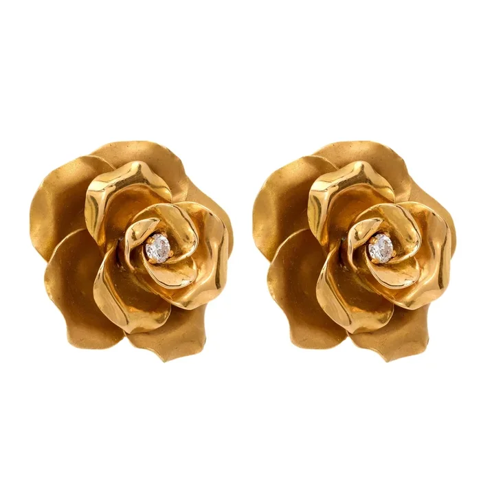 French vintage diamond 18k yellow gold rose petal earrings