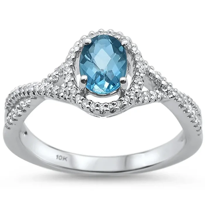 GEMSTONE CLOSEOUT ! 0.97cts 10k White gold Oval Blue Topaz & Diamond Ring Size 6.5