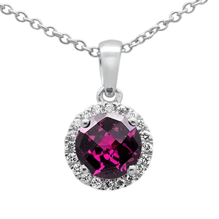 GEMSTONE CLOSEOUT! 1.01ct G SI 14K White Gold Diamond & Round Rhodolite Gemstone Pendant Necklace 18″ Long