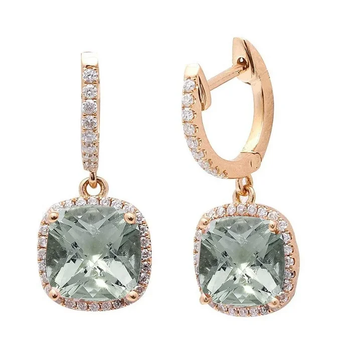 GEMSTONE CLOSEOUT! 3.11cts Cushion Cut Green Amethyst Gemstone & Diamond 14k Yellow Gold Earrings