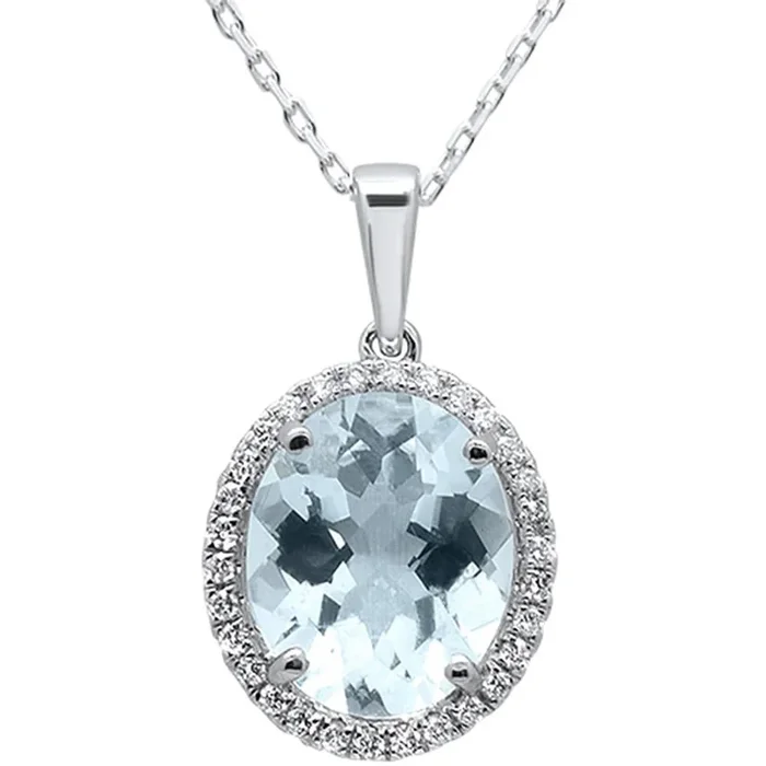 GEMSTONE CLOSEOUT! 3.52cts 10k White Gold Oval Aquamarine & Diamond Pendant 18″