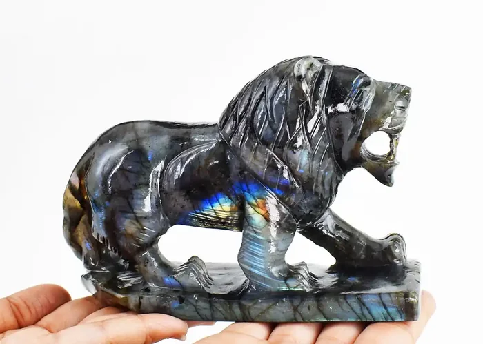 Genuine 4350 Cts Amazing Flash Labradorite Hand Carved Lion 4-J309