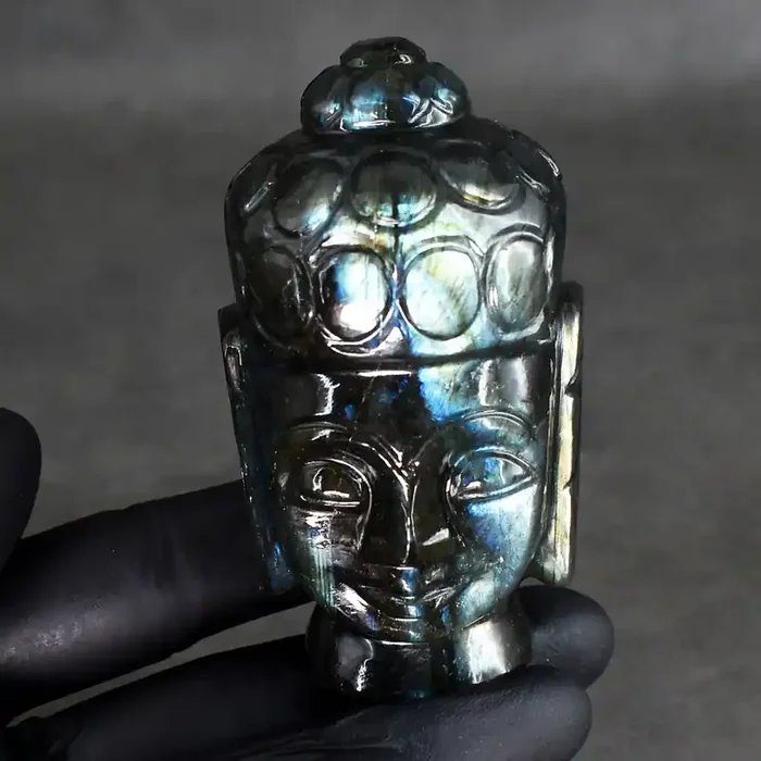 Genuine 907.00 Cts Blue Flash Labradorite Carved Lord Buddha Head 5-J485