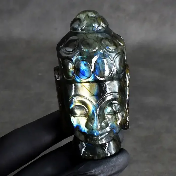 Genuine Blue & Golden Flash Labradorite Carved Lord Buddha Head 1-J485