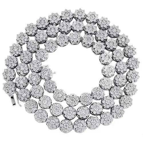 Genuine Diamond Flower Cluster 8mm Link Chain 22″ Sterling Silver Necklace 3 CT.