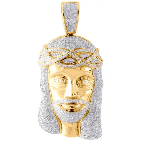 Genuine Pave Diamond Jesus Piece Charm 10K Yellow Gold 2.50″ Pendant 3.05 Ct.