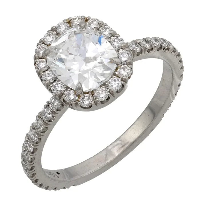 GIA 1.06 carat cushion cut diamond platinum engagement halo ring