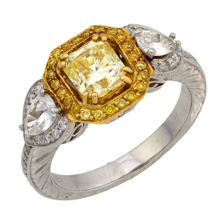 GIA 1.07 carat fancy yellow diamond platinum 18k yellow gold engagement ring