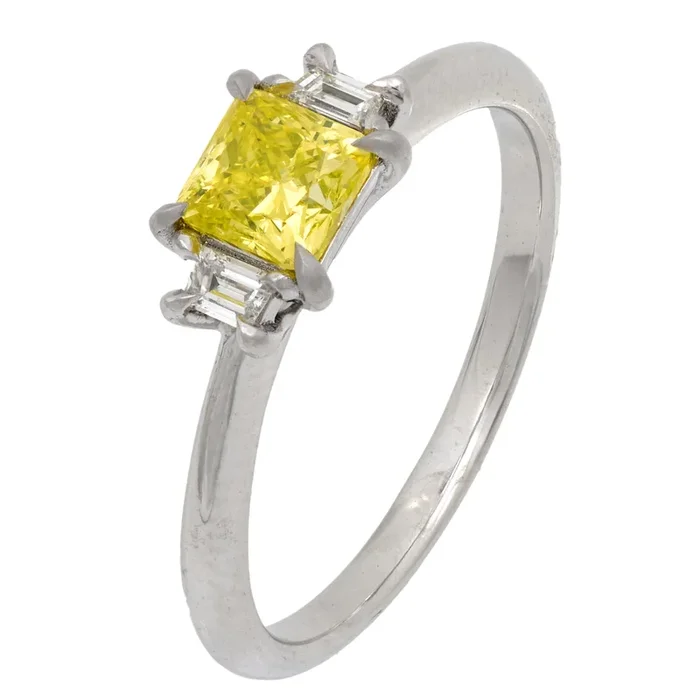 GIA fancy intense greenish yellow diamond platinum and gold ring