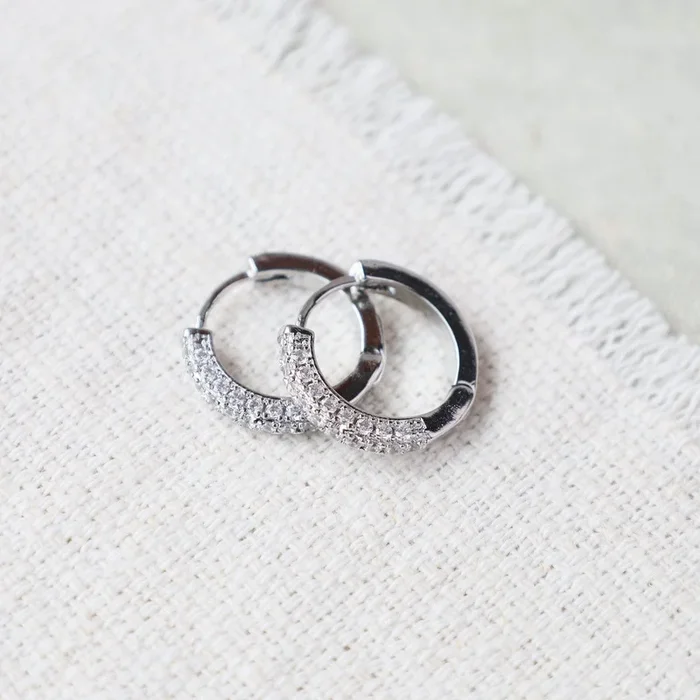 Glisten Pave Silver White Gold Filled Huggie Hoops