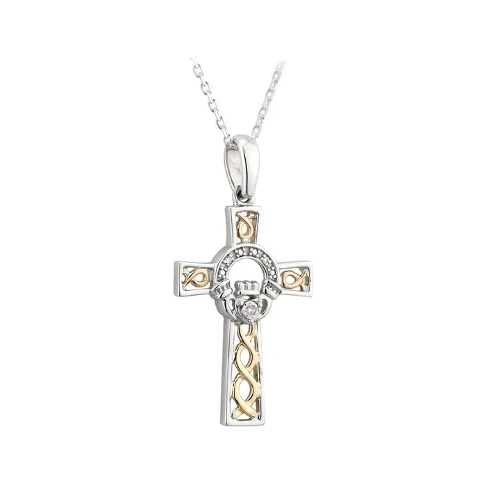 Gold & Silver Diamond Claddagh Cross Necklace