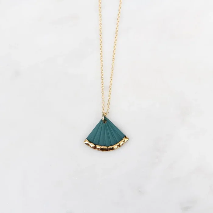 Gold Dipped Small Fan Necklace – Teal