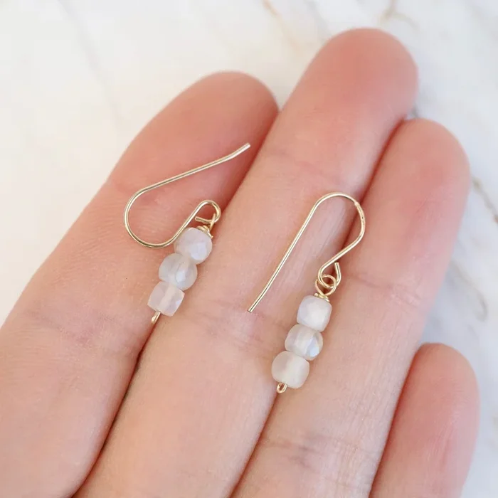 Gold Filled 3 Rainbow Moonstone Cube Stack Drop Earring