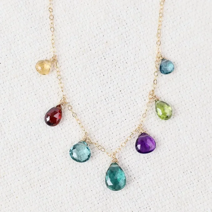 Gold Filled Cable Chain With 7 Stone Drop Jewel Tone Necklace