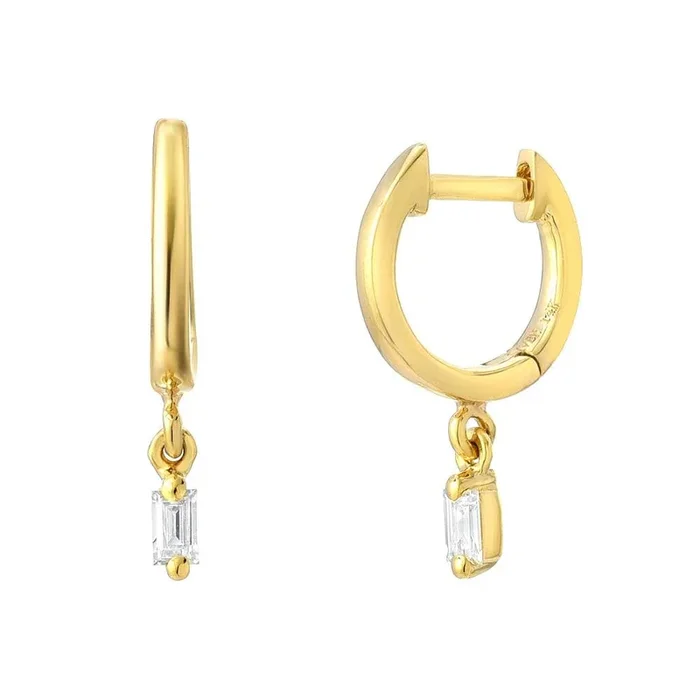 Gold Huggies With Dangling Baguette Diamonds