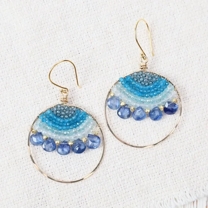 Gold Large Hoop in Neon Apatite & Kyanite Earrings