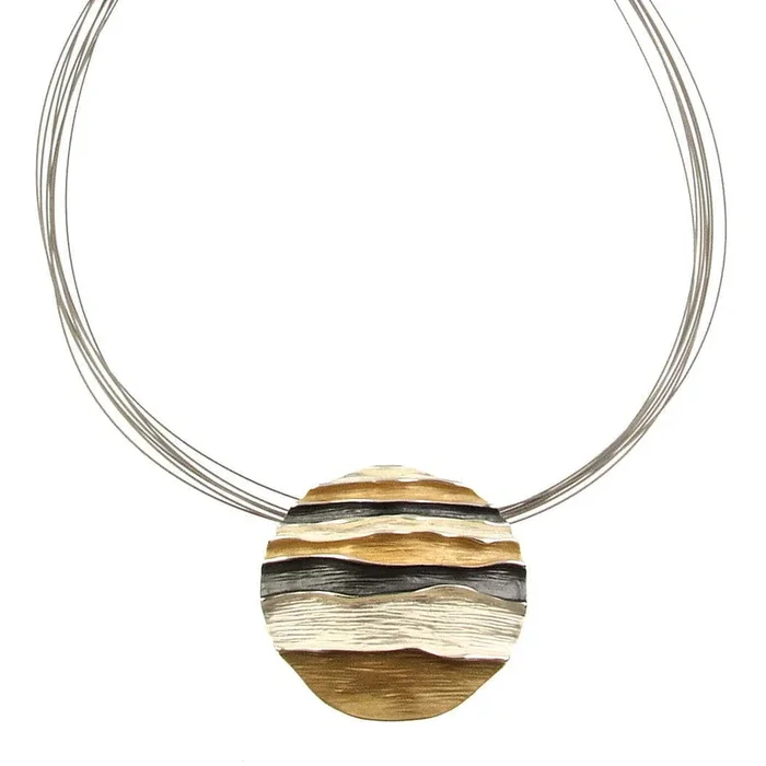 Gold Mix Ocean Waves Round Pendant Necklace