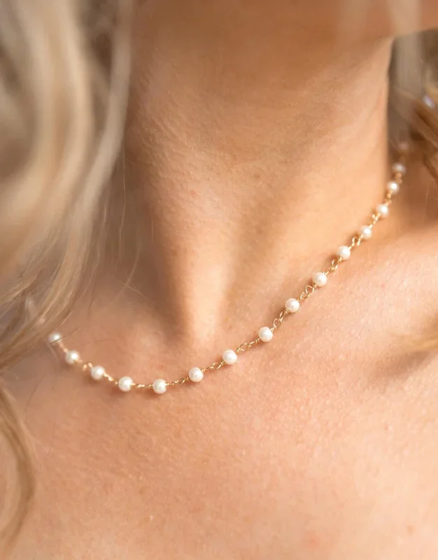 Gold Pearl Rosary Bead Necklace