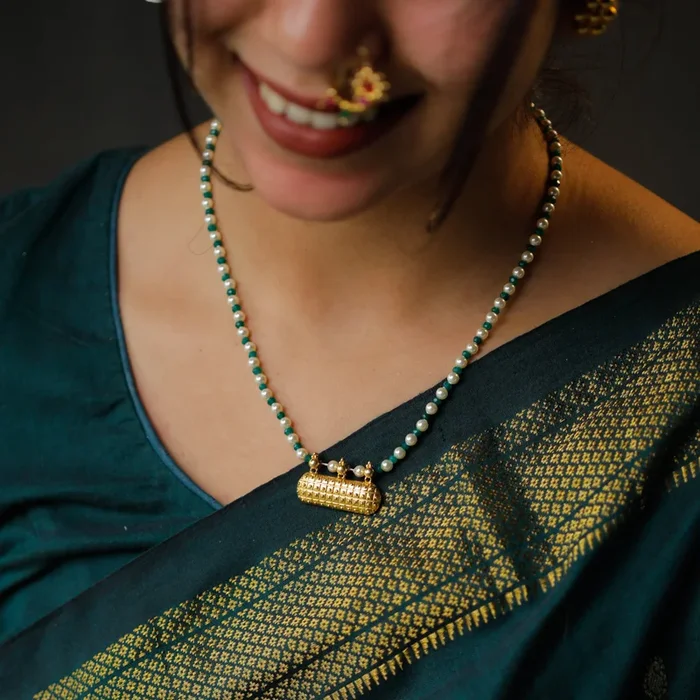 Green Onyx and Pearl Necklace with ताईत (Taait) Motif | 92.5 Silver | 22K Gold Plated