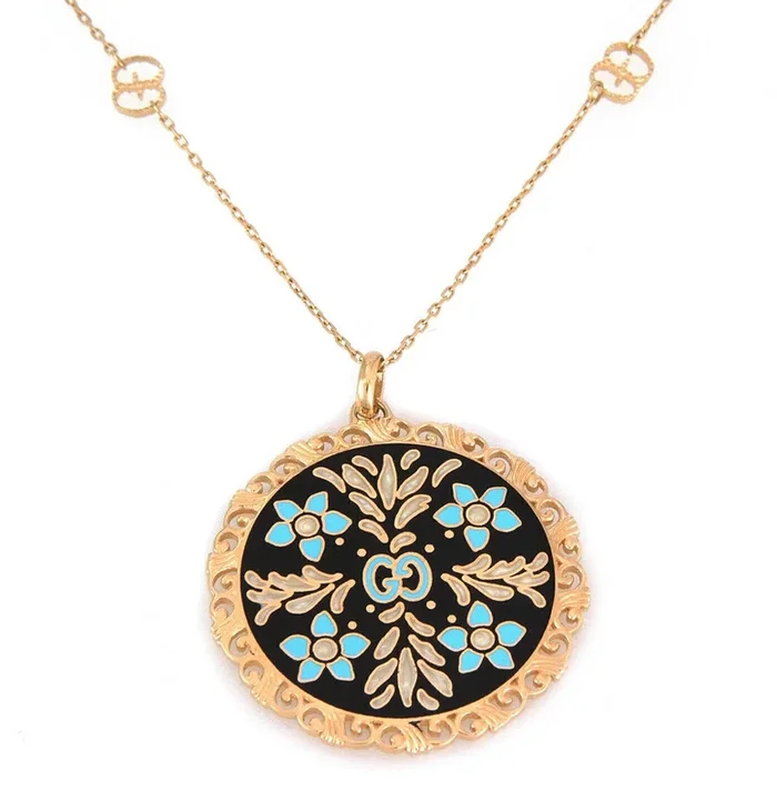 Gucci Bloom Enamel 18k Yellow Gold Floral Medallion Pendant Logo 31″ Long