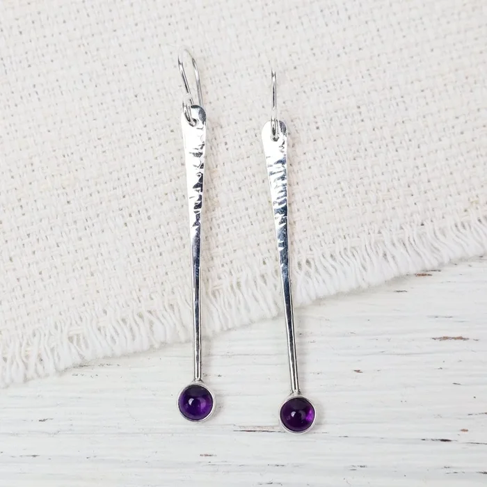 Hammered Silver Stick Earrings with Amethyst