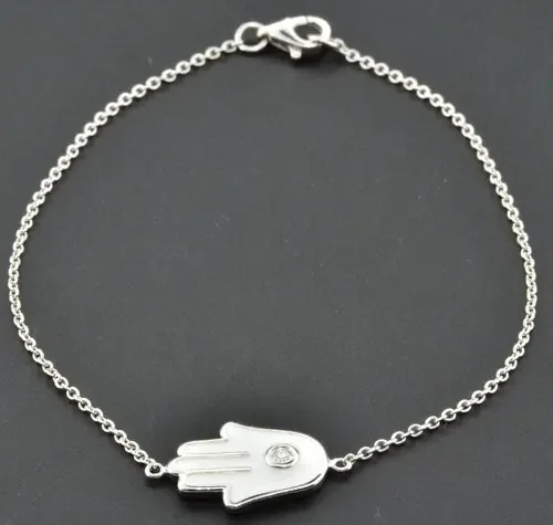 Hamsa Hand Diamond Bracelet 14k White Gold Khamsa Palm Shape Amulet White Enamel