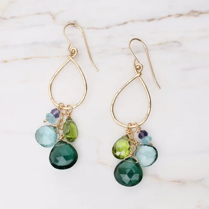 Hand Forged Textured Raindrop Hoop With Blue-Green Mix Earrings